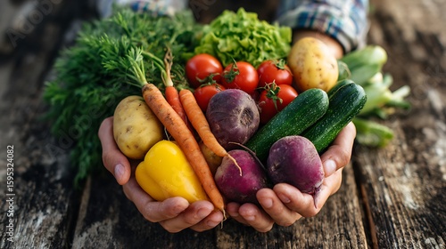 Close-up of hands holding fresh organic vegetables and fruits at a vegan festival rustic wooden table background warm natural light real photo stock photography