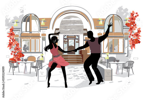 dancing couple silhouette in front of building clip art preview