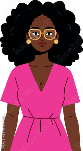 Woman with afro hairstyle wearing pink dress and glasses vector illustration with confident expression and modern style