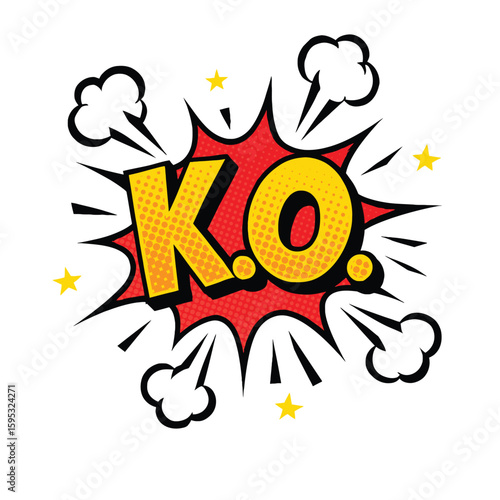 knock out KO typography vector design in pop art style with comic smoke and star style