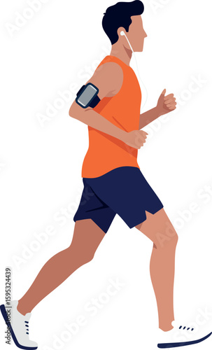 Man jogging outdoors in orange shirt and navy shorts with earphones and armband for fitness tracking during exercise