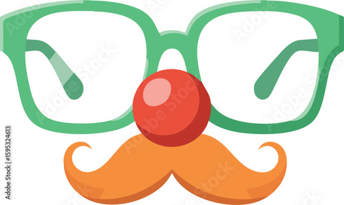 Funny face with green glasses orange mustache and red clown nose vector illustration for humor and entertainment design