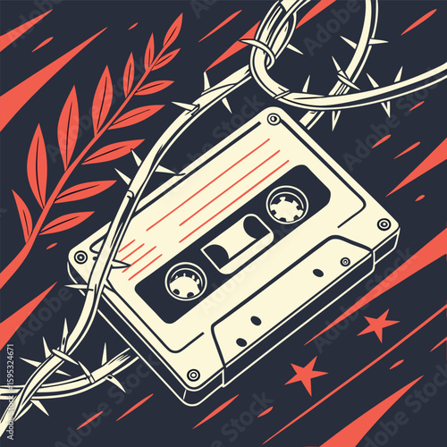 Vintage cassette tape unraveling into barbed wire gritty textures black and red punk rock art vector illustration of an abstract music background