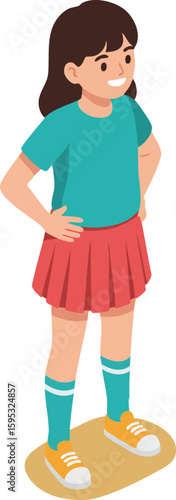 Girl standing on skateboard wearing teal shirt and red skirt with confident pose vector illustration
