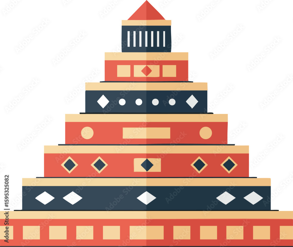 Fototapeta premium Pyramid shaped geometric building with layered red and dark blue design elements and diamond shapes vector illustration