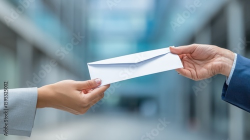 Businesspeople exchanging a white envelope