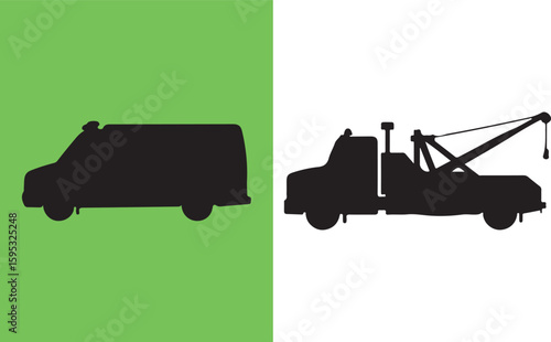 Black silhouette of a tow truck and a van vehicle transport