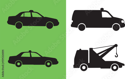 Black silhouette of two cars a van and a tow truck