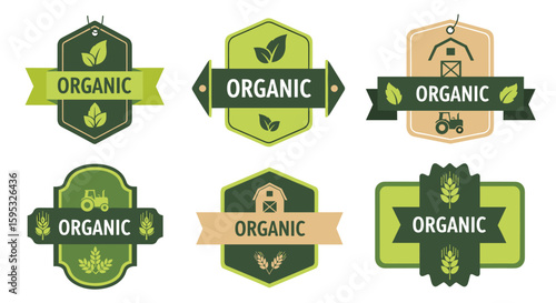 A collection of organic food labels and badges in a variety of shapes and designs, perfect for branding and marketing of natural products.
