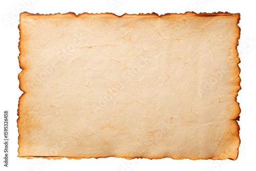 Aged parchment paper with burnt edges isolated on transparent background