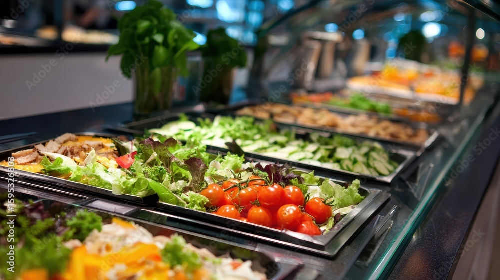 Vibrant Buffet Spread: Fresh Salad in Cafeteria Self-Service Display for Lively Lunchtime Experience Vibrant Buffet Spread: Fresh Salad in Cafeteria Self-Service Display for Lively Lunchtime Experience