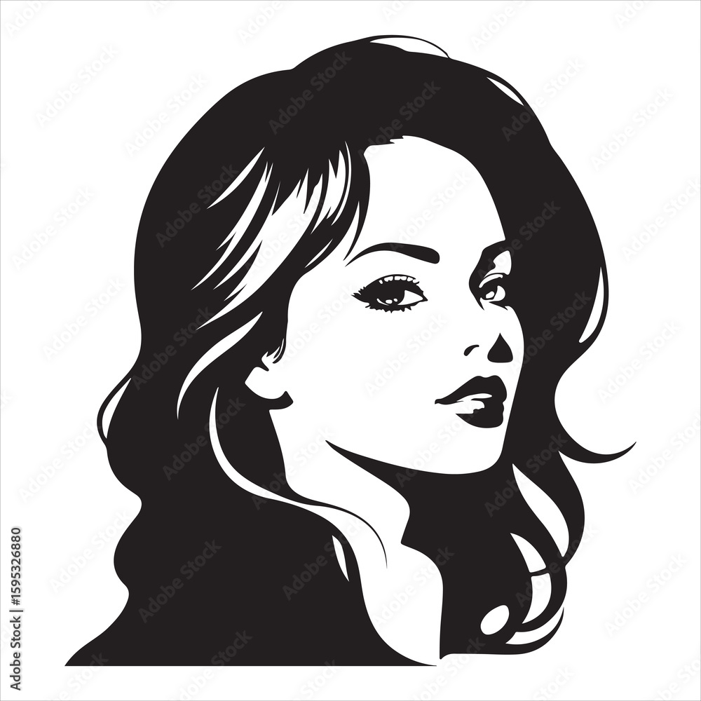 Black silhouette of a woman with wavy hair white background Black silhouette of a woman with wavy hair white background