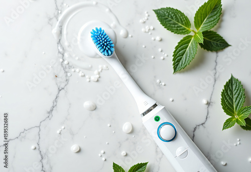 Electric toothbrush surrounded by water splashes and mint leaves, emphasizing fresh breath and cleanliness 