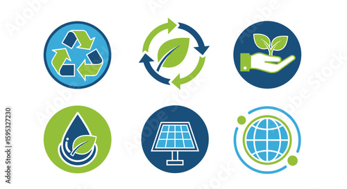 Collection of clean green eco-friendly icons representing sustainability, recycling, renewable energy, and nature conservation.