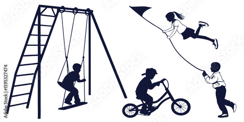 Classic Childhood Play Silhouettes Vector Collection, Iconic Kids Activity Shapes