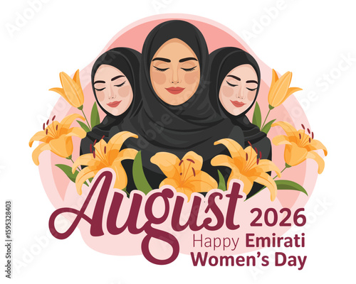 Digital Illustration for Happy Emirati Women's Day August 2026  
Modern Design Featuring Women in Hijabs with Floral Background 