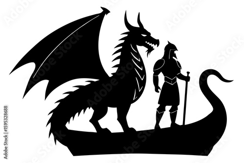 Epic Viking Warrior Standing on Dragon-Prowled Ship – Vector Silhouette Art