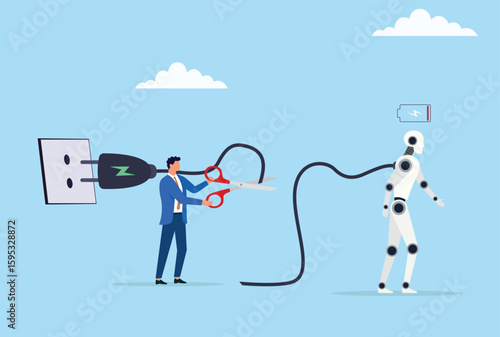 Vector illustration of a businessman cutting a robot’s charging cable with scissors, symbolizing human pushback against automation and efforts to regain control over technology
