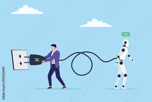 Vector illustration of a businessman charging a robot, symbolizing the vital connection and collaboration between human initiative and technological advancement
