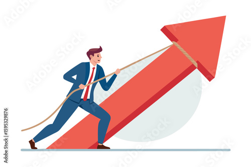 Determined Caucasian businessman pulls a large red arrow upwards with a thick rope
