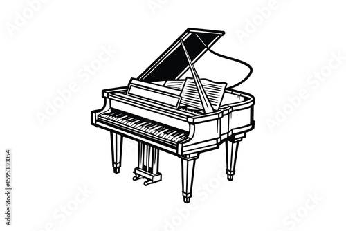 Elegant Grand Piano Illustration in Black and White Featuring Sheet Music on the Stand Perfect for Music Education Concert Promotion or Artistic Design Projects Isolated