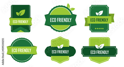 Six distinct eco-friendly labels, featuring green color schemes and leaf icons, are ideal for promoting sustainable and environmentally conscious products or initiatives.