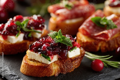 Wallpaper Mural Festive Crostini Delights: Holiday Appetizers Topped with Cranberry Sauce, Creamy Brie, Salami, and Fresh Mint on Rustic Slate Torontodigital.ca