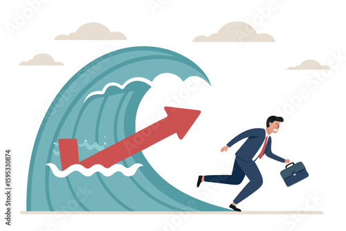 Frustrated businessman runs from giant arrow wave holding a briefcase in business crisis