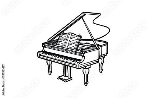 Elegant Grand Piano Line Art Illustration Featuring a Classic Musical Instrument with an Open Lid and Music Stand Perfect for Music Related Designs and Artistic