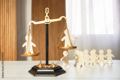 On the judge's scales, there are figures of people in each bowl, with a waiting line or other figures of people watching below. Social justice, comparison, inequality, court, public condemnation, disp