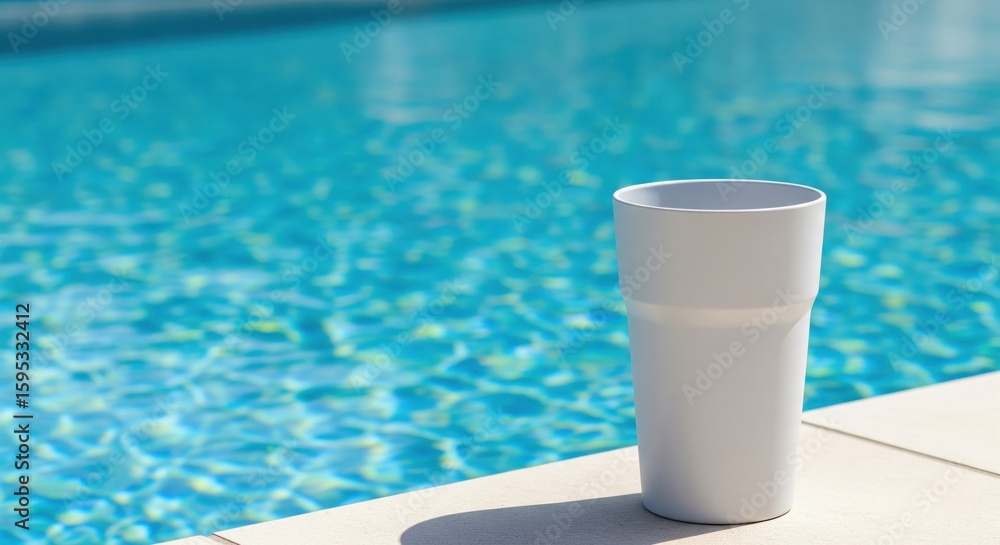 Naklejka premium White plastic cup on edge of blue swimming pool with water reflections