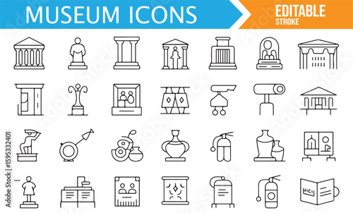 Historical and Museum Icons Set Featuring Sculptures and Artifacts