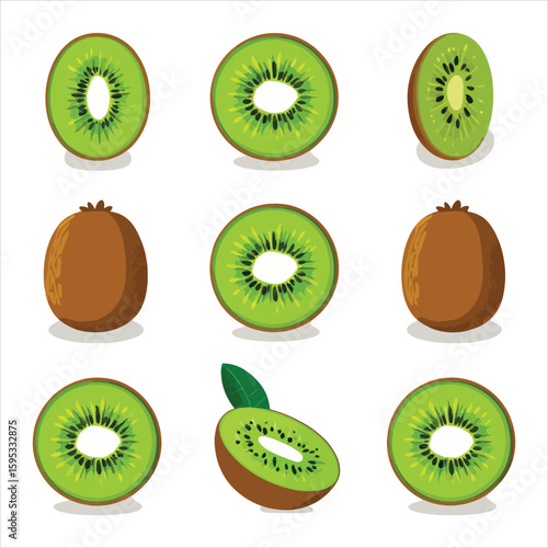 A Vibrant Collection of Fresh Kiwi Fruit Depicting Various Cuts and Angles on a Clean White Background Illustration