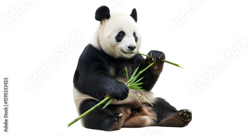 Panda bear sitting and eating bamboo on white background   funny cute animals isolate