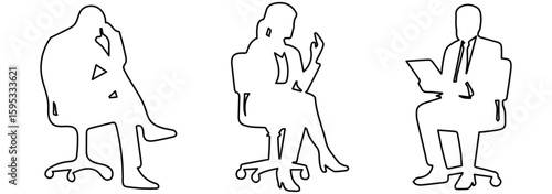 Set of silhouettes of people sitting in chairs and couches. Scene is relaxed and casual. Silhouettes of men in business suits seated in various pose. Business people in meeting silhouette eps 10 