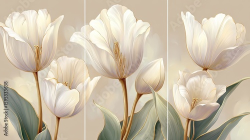 Elegant White Tulips With Gold Accents On Beige Background