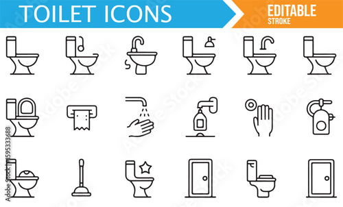 Collection of Plumbing and Toilet Icons for Bathroom, Sanitation, and Cleaning