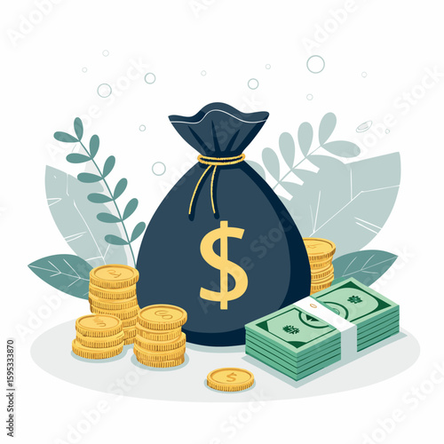 Rich dollar symbol bag surrounded by stacks of shiny golden coins and green banknotes