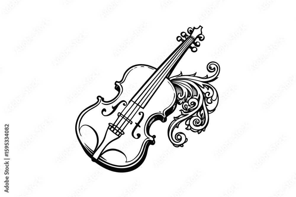 Obraz premium Elegant Violin with Floral Ornamentation a Classic Musical Instrument Illustration for Designs Related to Music Art and Culture in a Black and White Vector Format