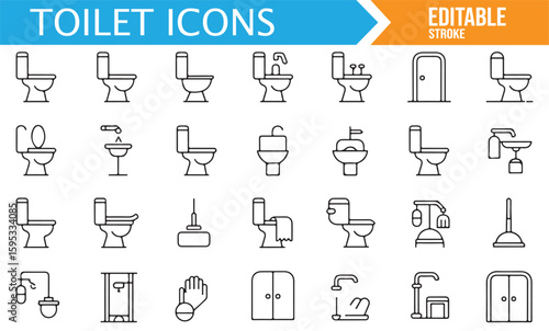 Set of Bathroom Fixtures and Toilet Icons for Design and Branding