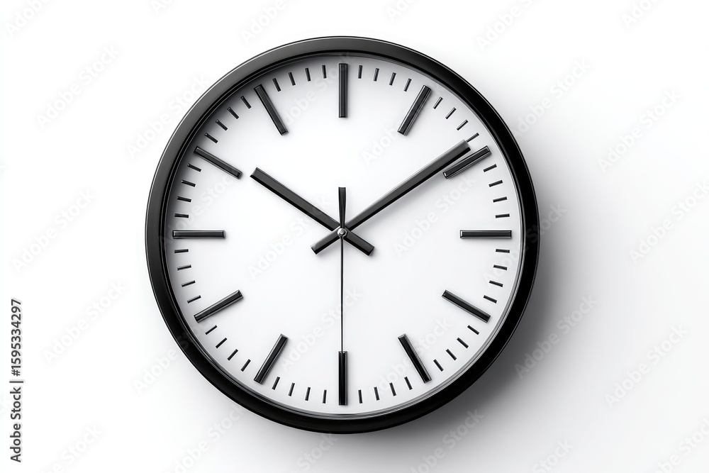 A black wall clock with white numbers. A black wall clock with white numbers.