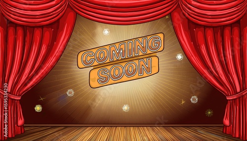 theater stage with red curtains coming soon retro show sign