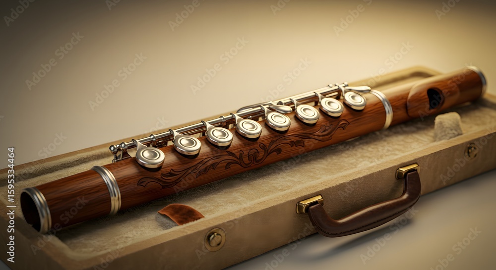 Naklejka premium Elegant Wooden Flute with Silver Keys Resting in its Protective Case a Beautiful Musical Instrument for Melodic Performances and Artistic Expression