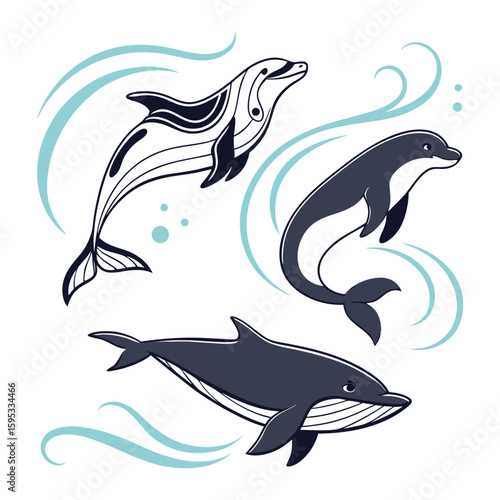 Modern flat marine mammal icons with fluid shapes and gradient accents