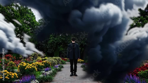 Conceptual representation of pessimism as dark clouds obscuring person's vision of the world's beauty