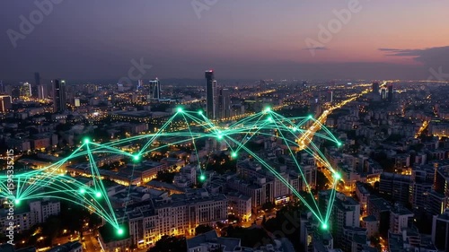 Wallpaper Mural Urban skyline illuminated by glowing connecting dots symbolizing global networking Torontodigital.ca