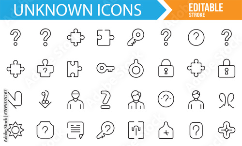 Puzzle, Question, and Key Icons Set for Representing Uncertainty and Solutions