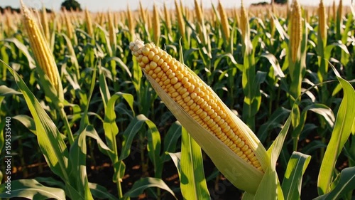vibrant golden maize cob with kernels still firmly attached to the stalk in an organically cultivated cornfield under natural sunlight
