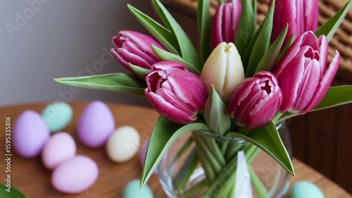 vase filled with beautiful pink tulips as part of spring holiday decorations