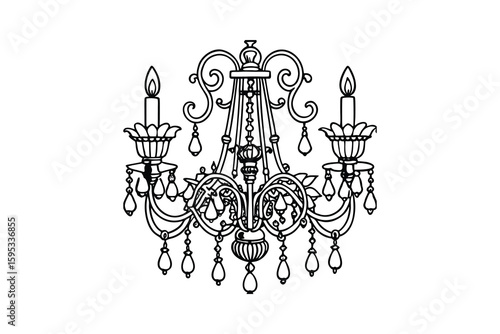 Elegant Chandelier Outline Illustration with Intricate Details Featuring Candles and Decorative Elements Perfect for Coloring Books Design Projects and Creative Applications in Black and White